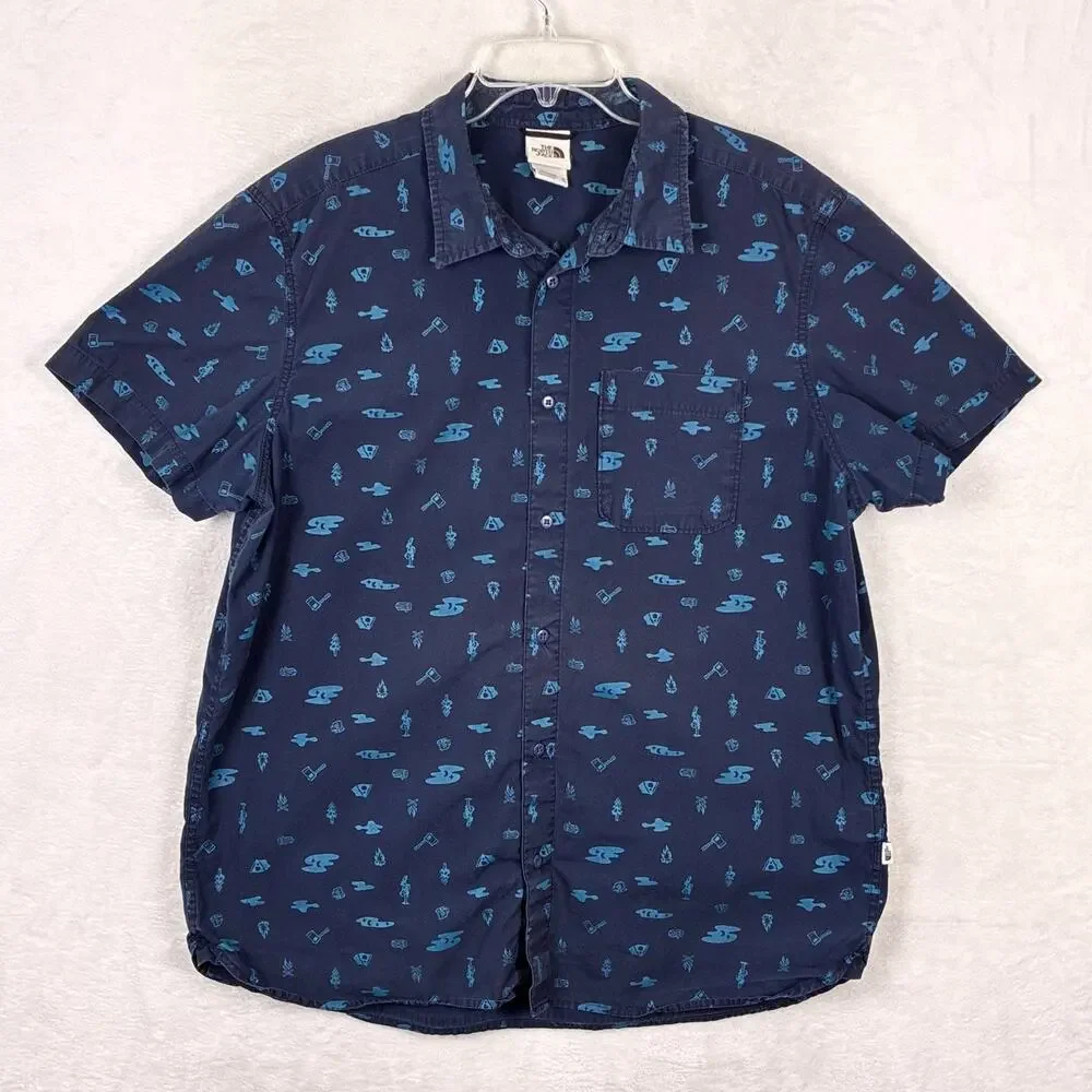 North Face Camp Shirt Mens XXL Blue Baytrail Tent Tree Axe AOP Outdoor Preppy